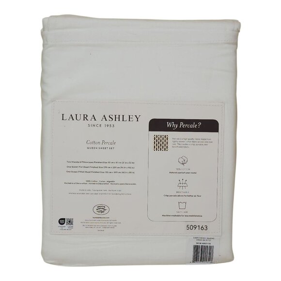 Laura Ashley Queen Sheet Set Cotton Percale Green Heart Embroider Cool Air Flow - Picture 3 of 10